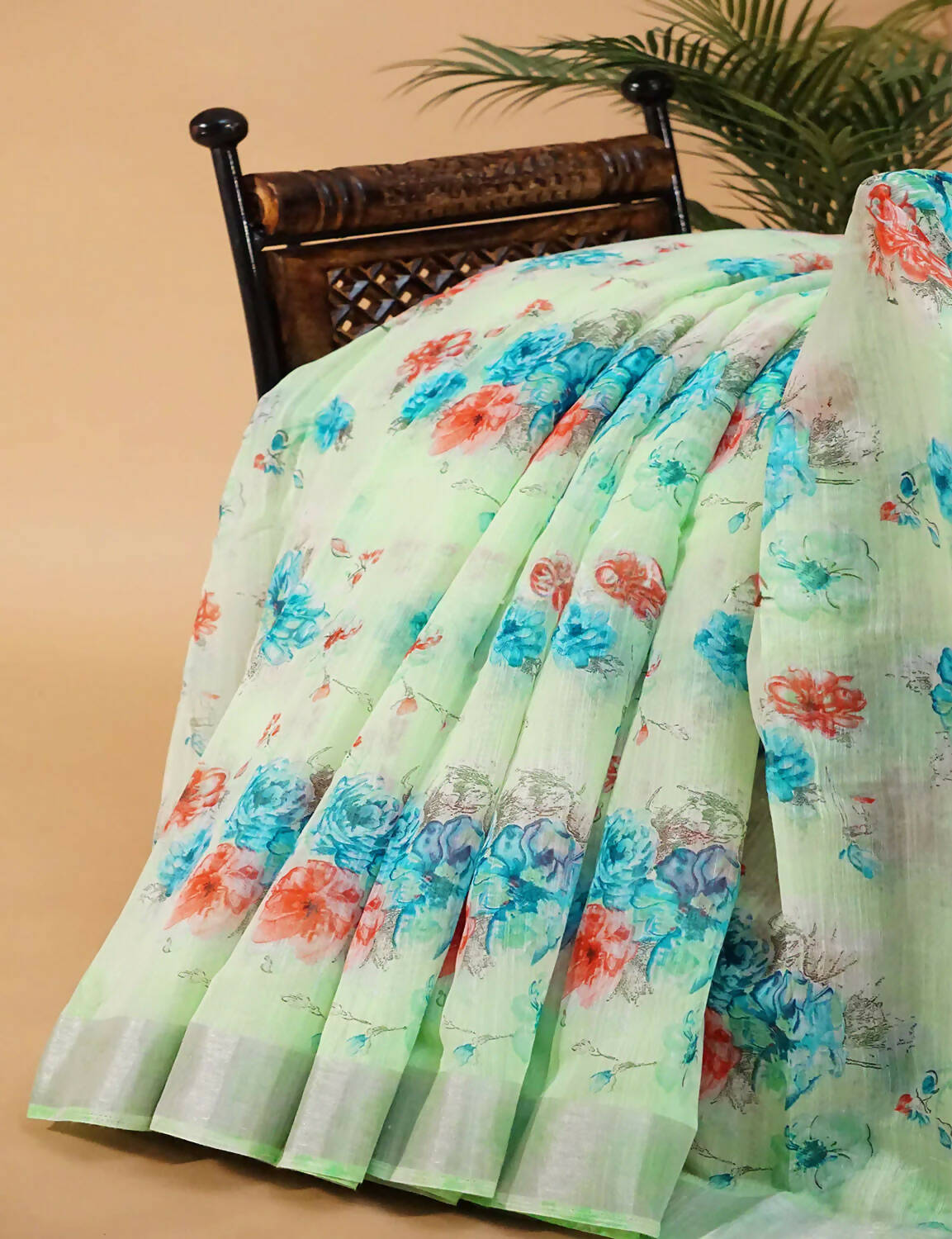 Pastel Green and Blue Digital Prin Semi Chanderi Saree By Gayathri Reddy Designer Studio