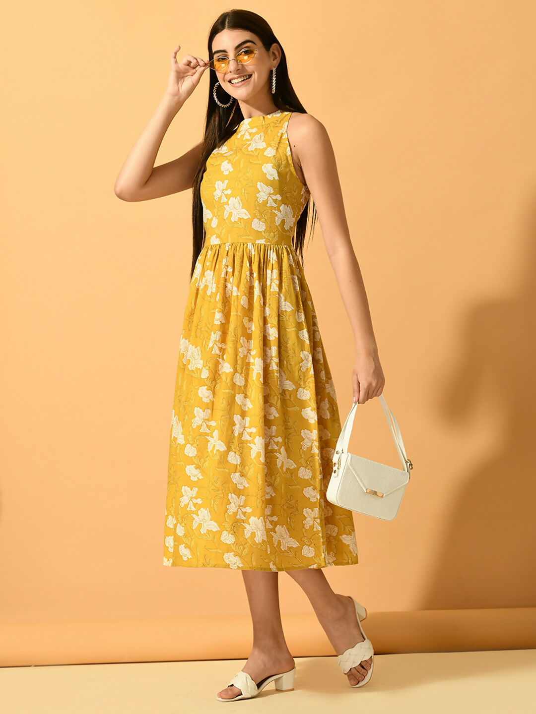 Myshka Women's Yellow Fit and Flare Party Dress