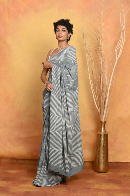 Very Much Indian Handblock Printed Cotton Saree With Natural Dyes - Grey