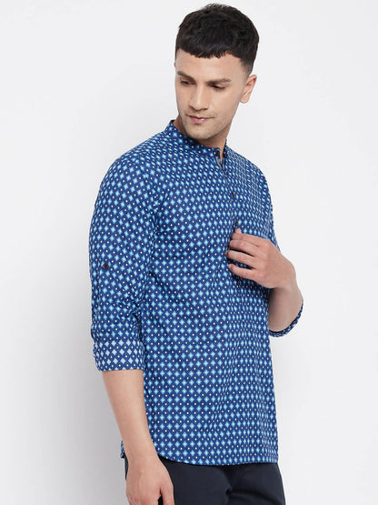Even Apparels Blue Men's Pure Cotton Kurta With Band Collar