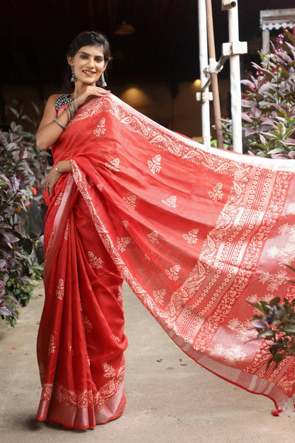 Very Much Indian Organic Linen With Handblock Printing Saree - Red