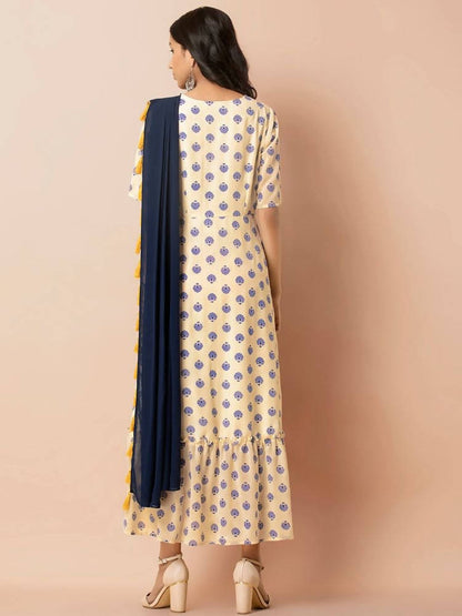 Indya Women White & Navy Blue Printed Maxi Dress With Attached Dupatta
