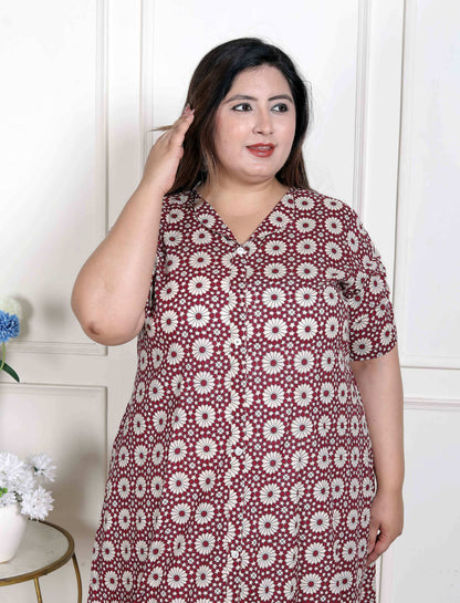 Miravan Women's Plus Size Cotton Floral Printed Cream A-Line Kurta with Buttons