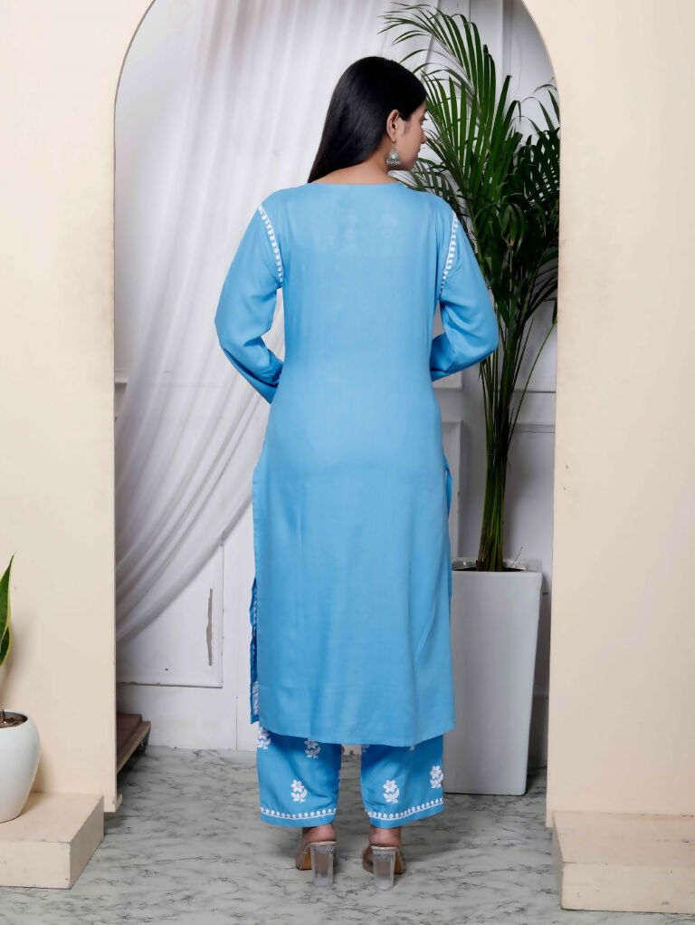 Miravan Women's Chikankari Embroidery Sky Blue Straight Kurta And Palazzo