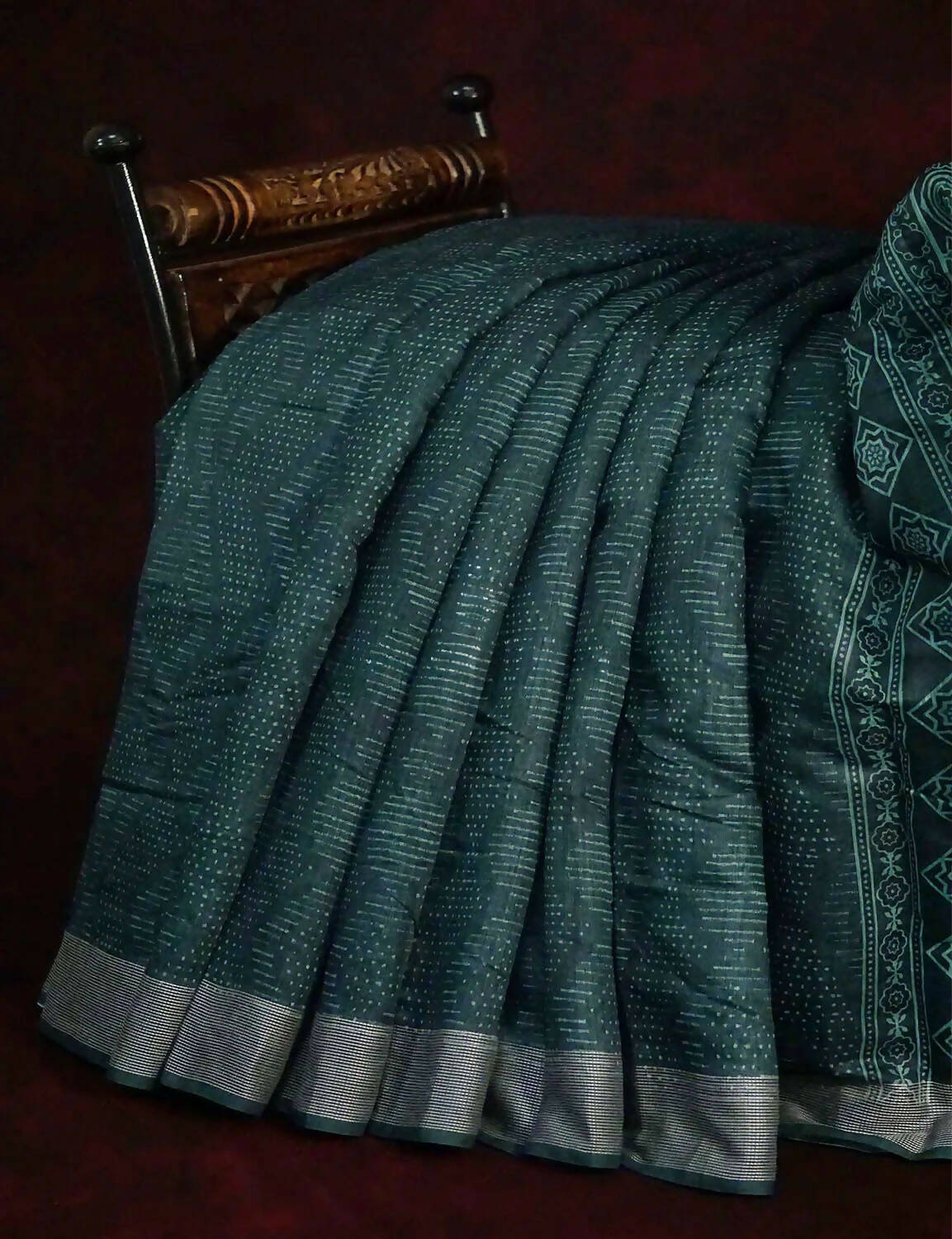 Bottle Green Self Printed Semi Chanderi Saree By Gayathri Reddy Designer Studio