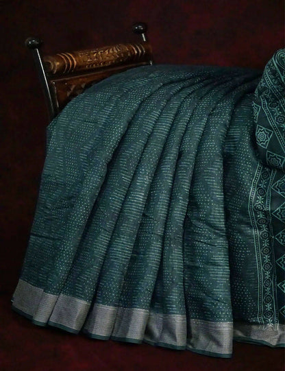 Bottle Green Self Printed Semi Chanderi Saree By Gayathri Reddy Designer Studio