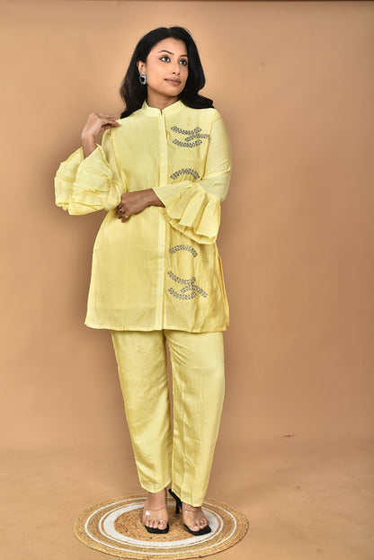 Morchari Women Hand Embroidery Co-Ords-Yellow