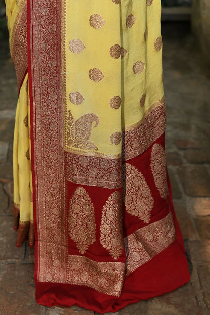 Joban Fashion Pale Yellow Crepe Chiffon Pure Handloom Banarasi Silk Saree