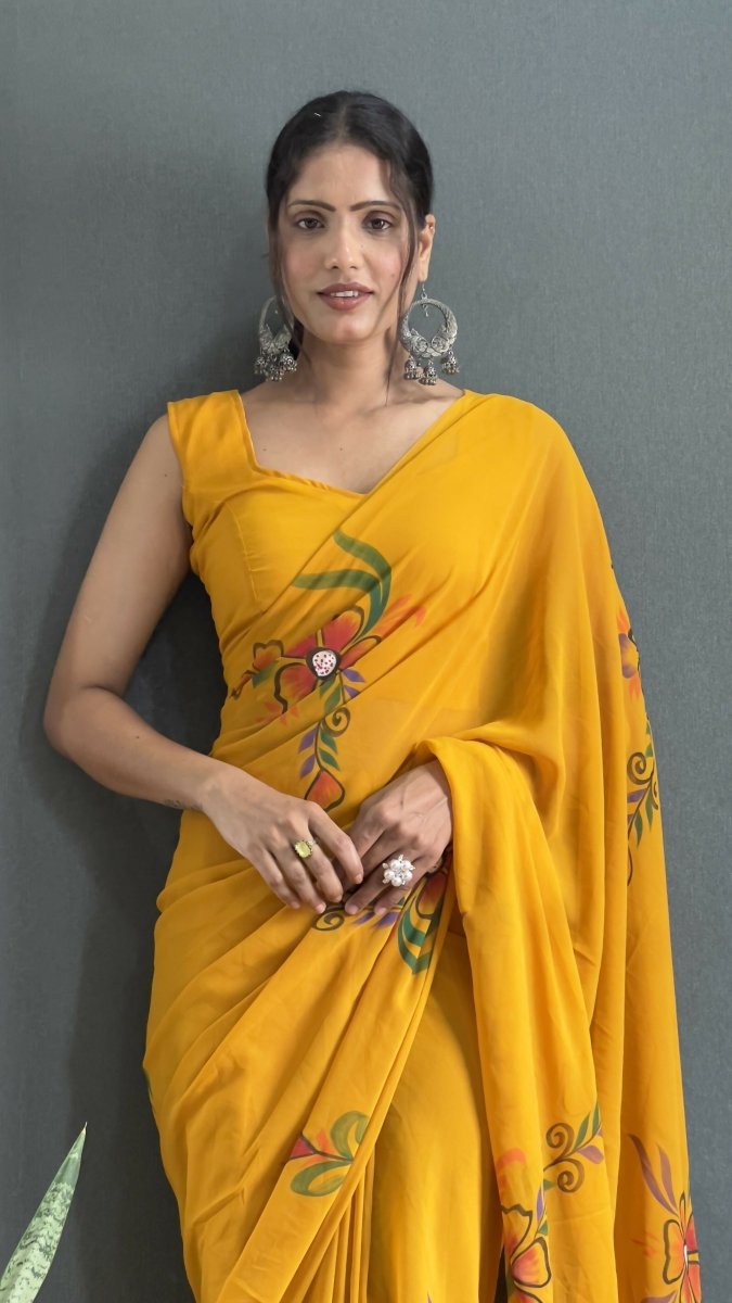 Aayaa Designer 1 min Hand Painted Ready to Wear saree - Mustard Yellow