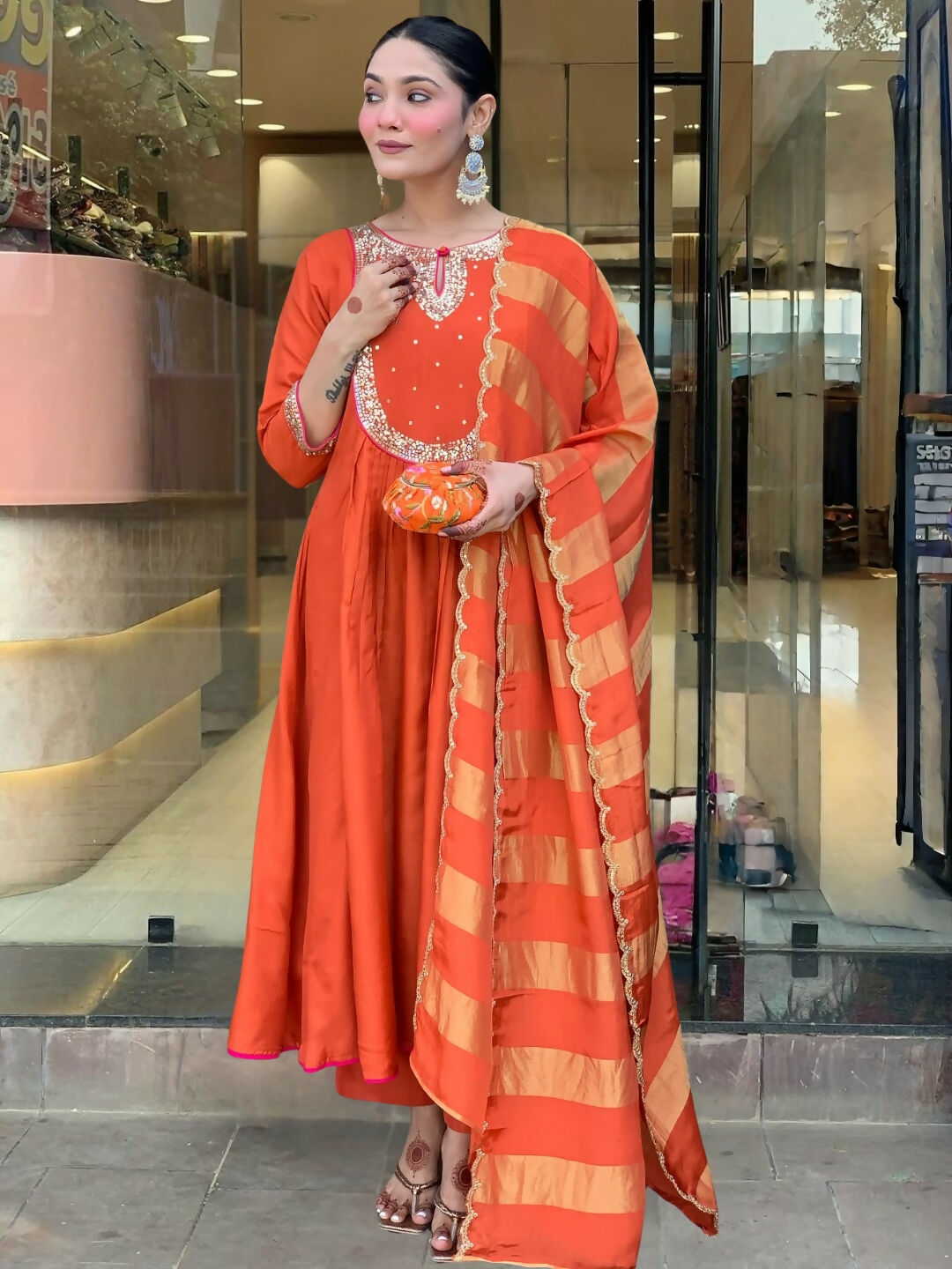 The52 Rust Women's Gorgeous Embroidered Work Chanderi Fabric Flared Kurta Pant and Dupatta Set