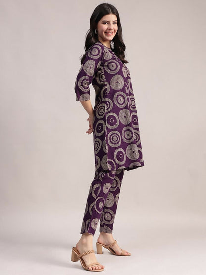 Aavyora Women's Purple Abstract Printed Pure Cotton Co-ord Set