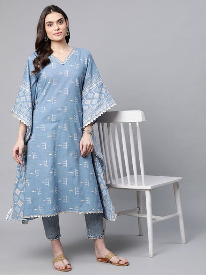 Ahalyaa Beige Pure Cotton Floral Printed Kaftan Kurta