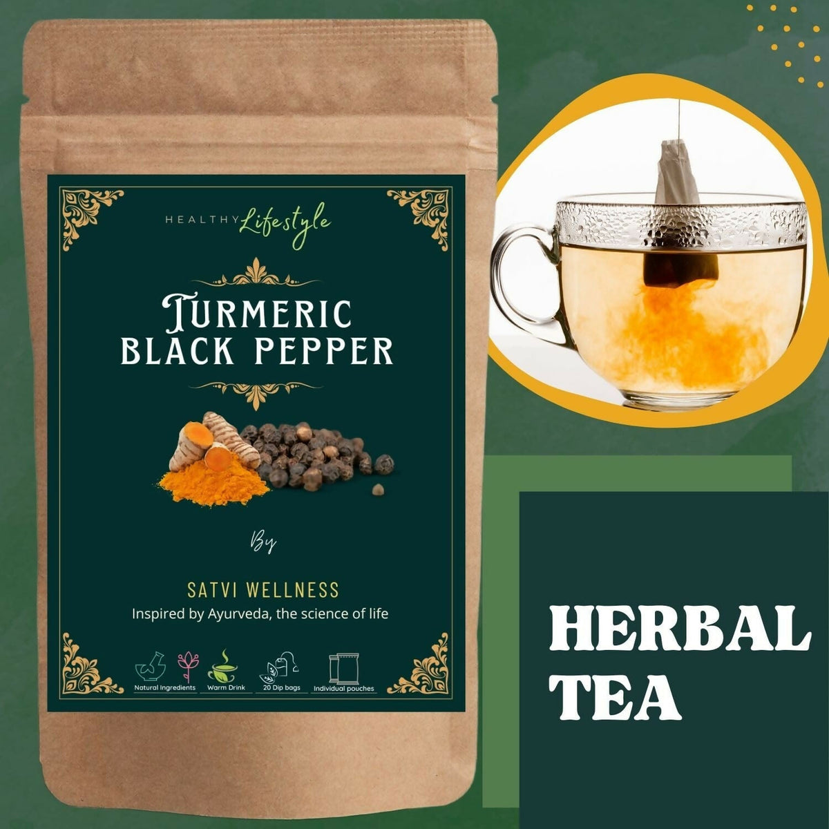 Satvi Wellness Turmeric Black Pepper Tea Bags | Herbal Tea