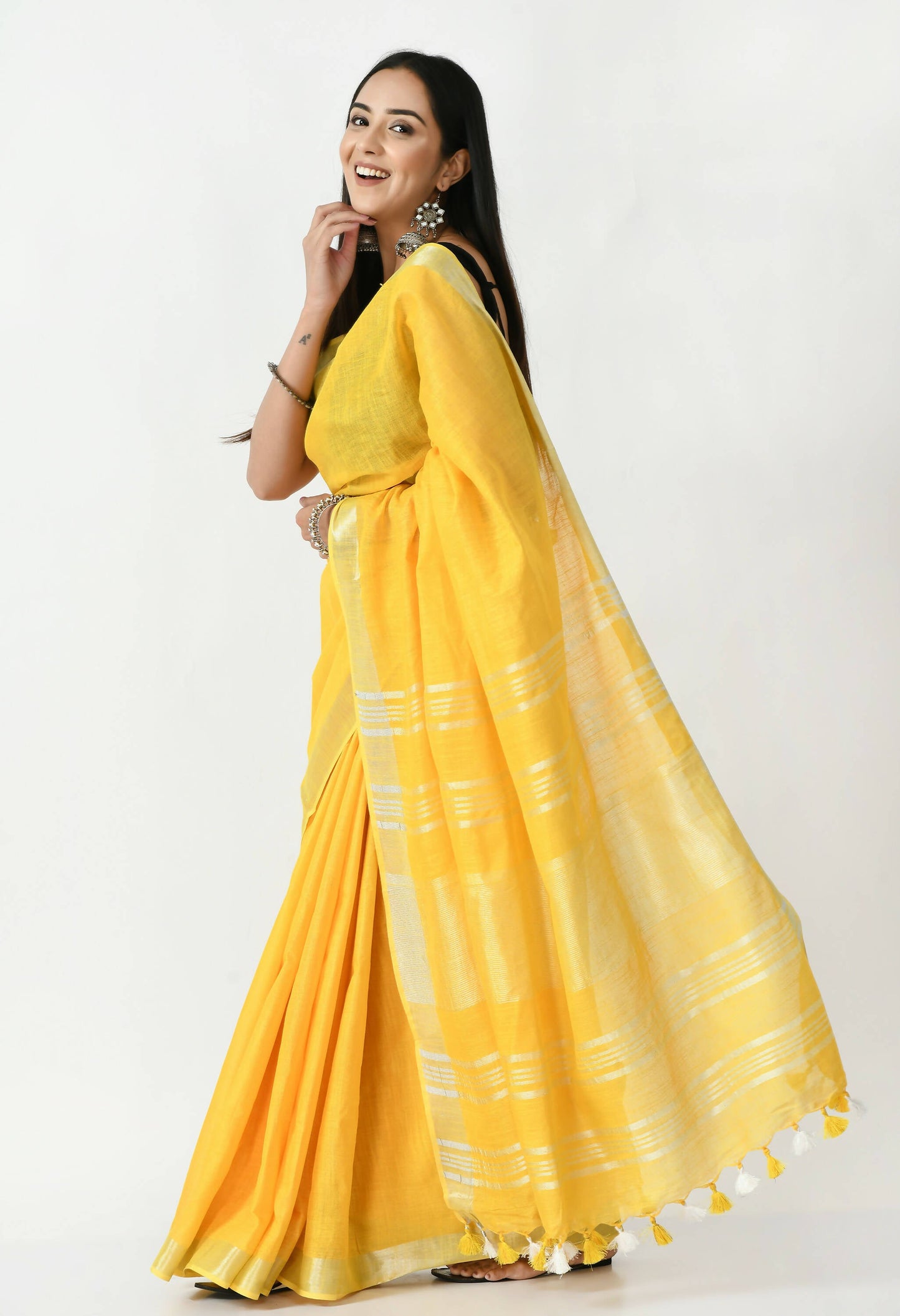 Mominos Fashion Moeza Yellow Bhagalpuri Handloom Silk Linen Saree with unstitched Blouse piece