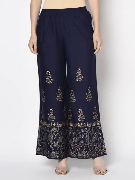 Aniyah Rayon Navy Blue Color Block Print Flared Slip-On Palazzo (AN-211K)