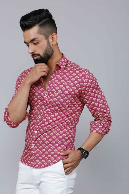 Miravan Men's Pink Regular Fit Floral Printed Cotton Casual Shirt