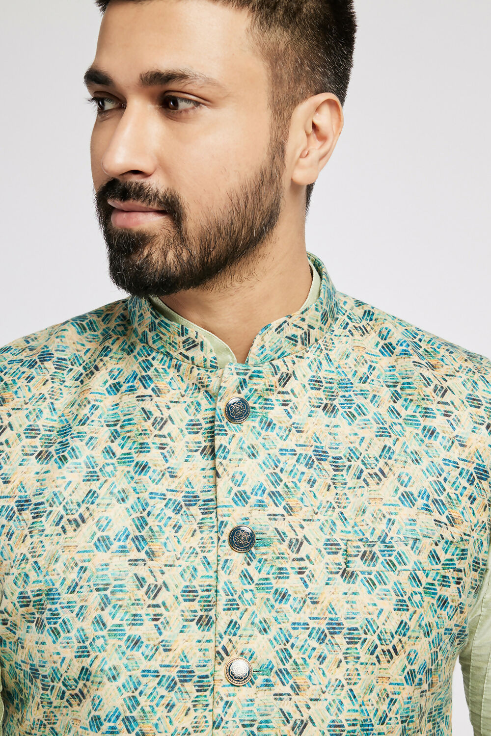 Ethnic India Blue Bundi Men's Jacket Geometric Polyester