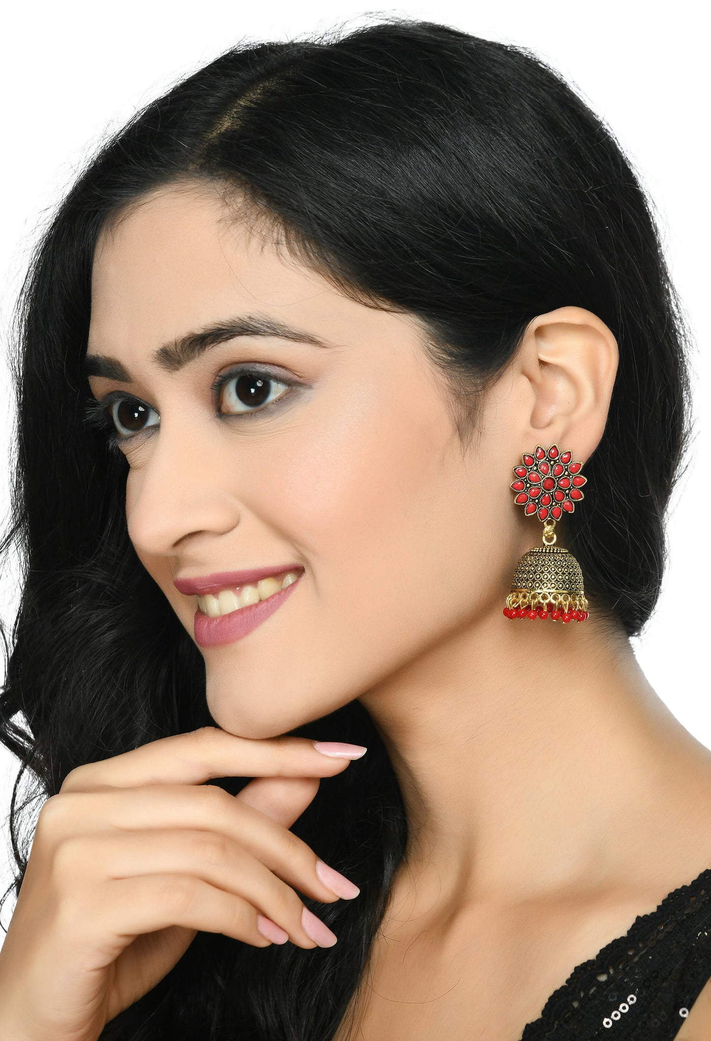 Mominos Fashion Joharkamal Kundan work Jhumka with Red Beads