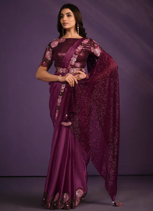 Purple Crepe Satin Silk Embroidered Saree With Stitched Blouse - Mohmanthan Exotica