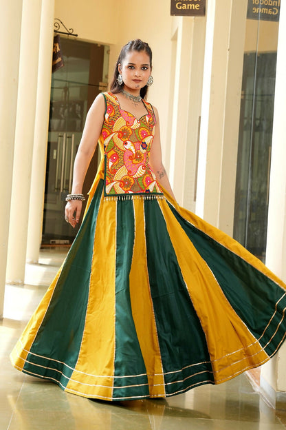 AI Fashion Mustard & Green Cotton Designer Navratri Wear Lehenga Choli Collection