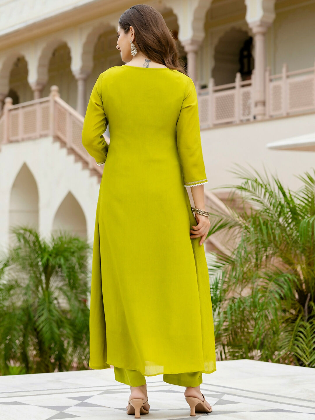 The52 Liril Women's Beautiful Embroidered work Chinon Fabric with Flared Kurta, Pant and Dupatta Set