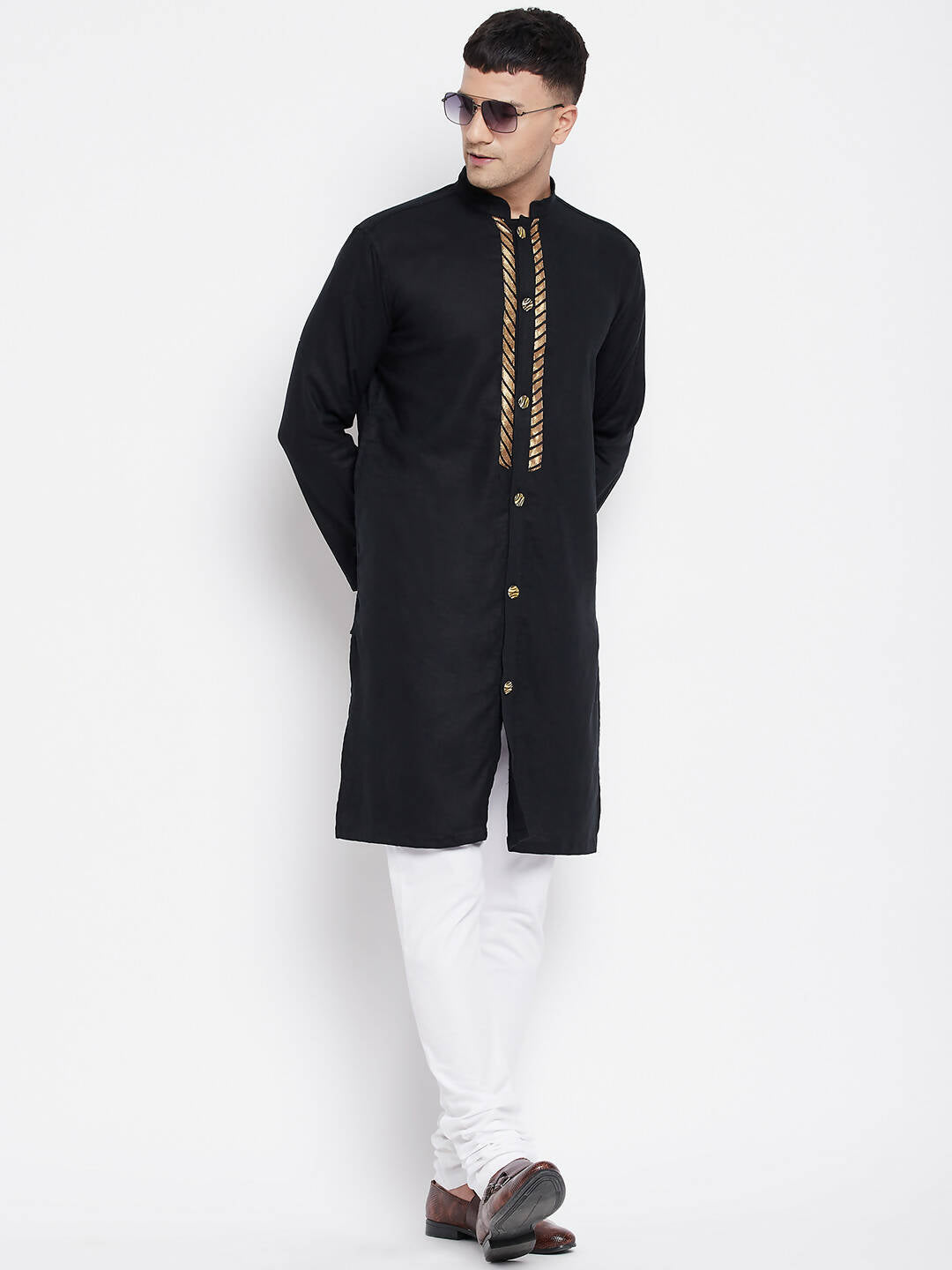 Even Apparels Black Linen Men's Sherwani Kurta With Decorative Placket