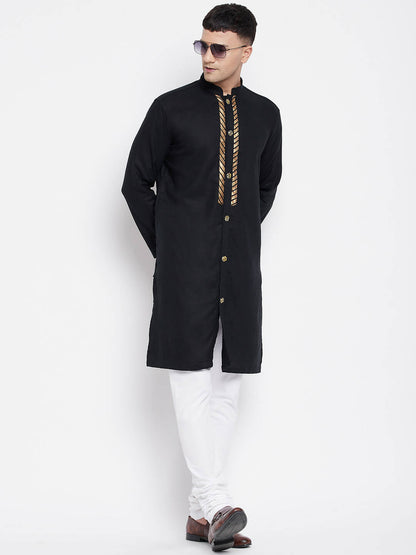 Even Apparels Black Linen Men's Sherwani Kurta With Decorative Placket