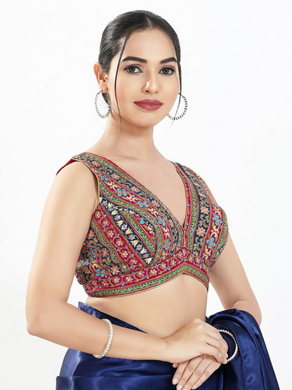 Joban Fashion Magenta Multi Georgette Padded Blouse With V Neck Sleeveless