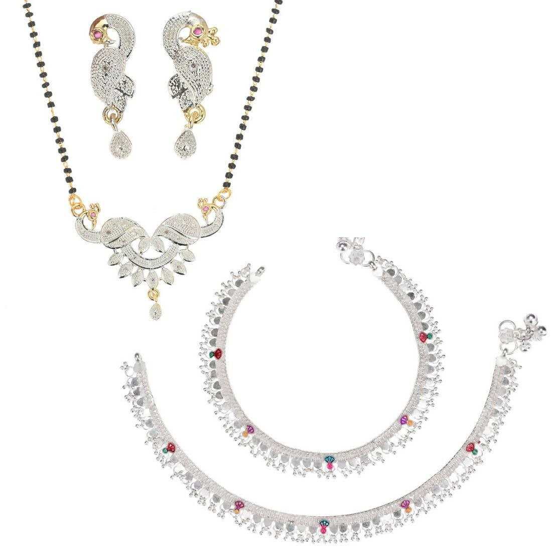 AanyaCentric Gold-Polished Mangalsutra Pendant Earring Set & Silver Plated Anklet
