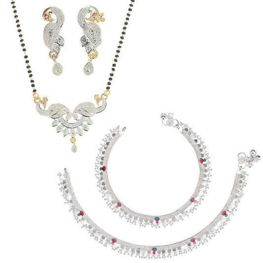 AanyaCentric Gold-Polished Mangalsutra Pendant Earring Set & Silver Plated Anklet