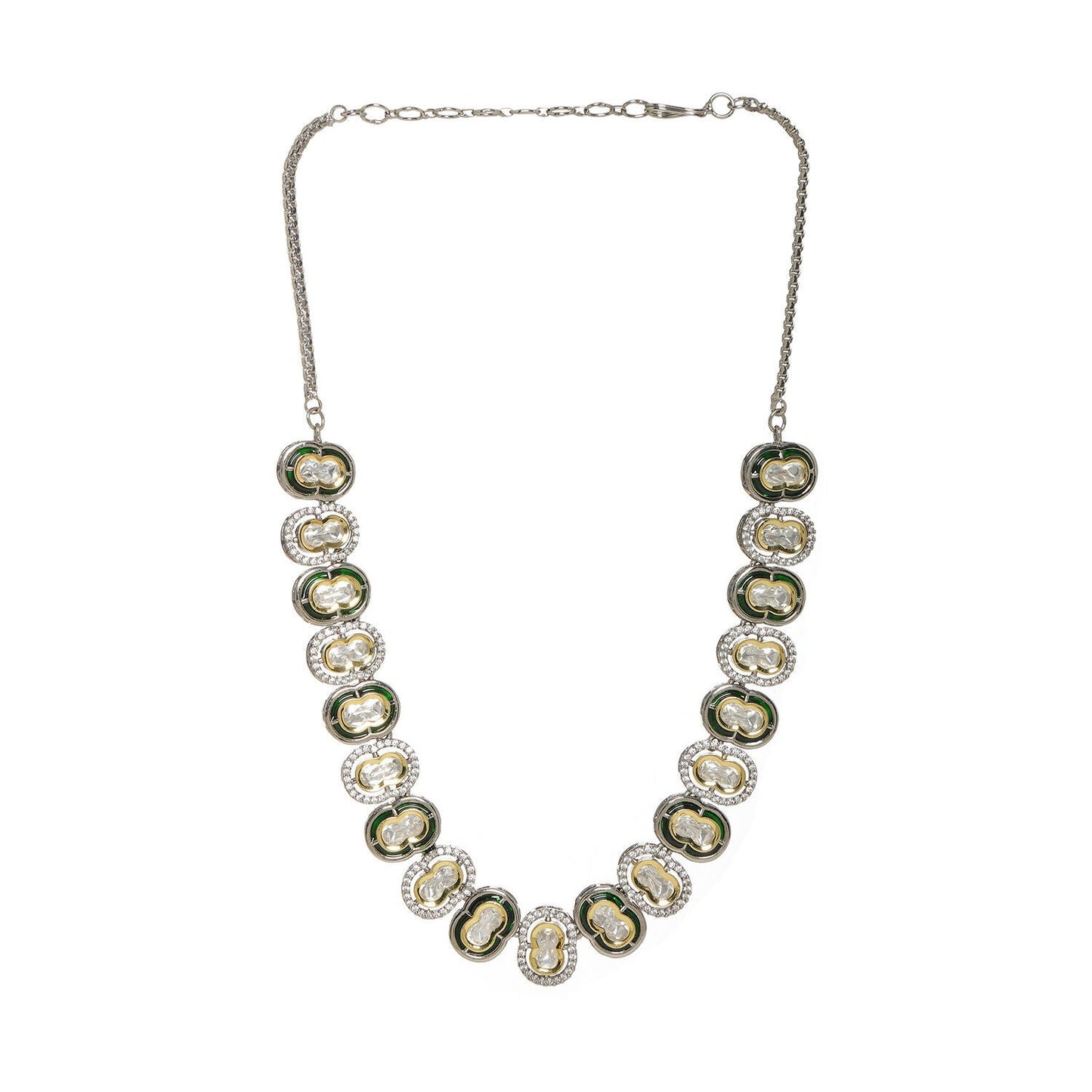 Mufli (peanut) Kundan Neckpiece with Meenakari and American Diamonds (Silver) - Ruby Raang