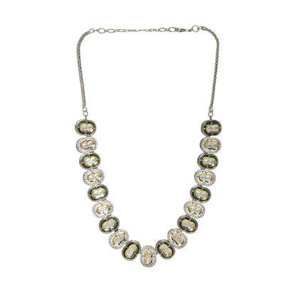Mufli (peanut) Kundan Neckpiece with Meenakari and American Diamonds (Silver) - Ruby Raang