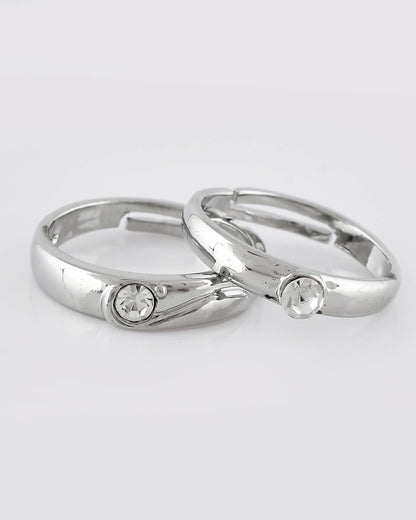VOJ Stainless Steel Cubic Zirconia Silver Plated Adjustable Ring Set for Couple