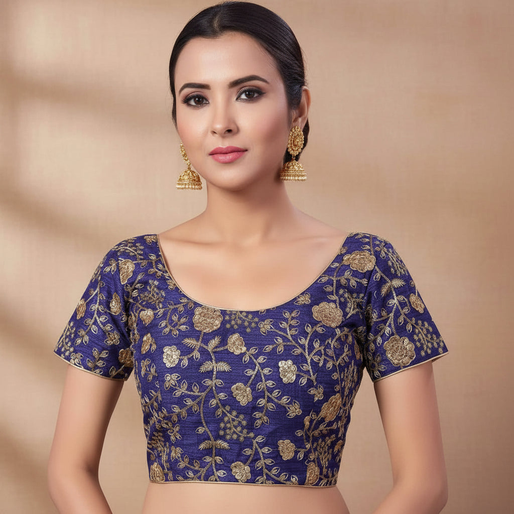 9102 embroidered raw silk blouse | readymade saree blouse