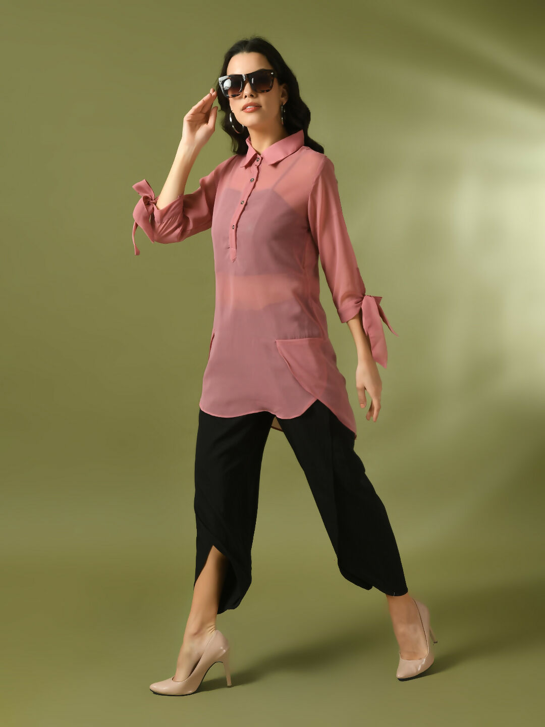 Myshka Women's Pink Solid Georgette Longline Party Sheer Tunic