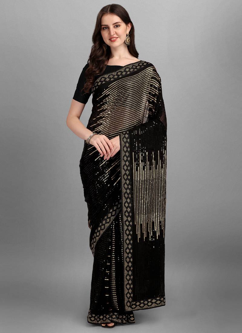 Vegaa Fashion Gold Heavy Georgette Sequence Embroidery Saree
