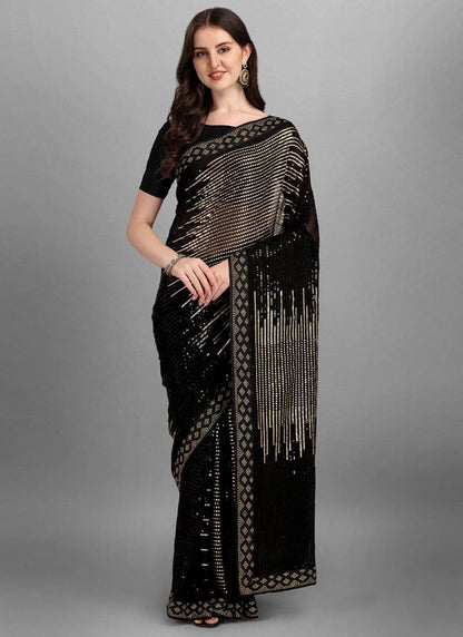 Vegaa Fashion Gold Heavy Georgette Sequence Embroidery Saree