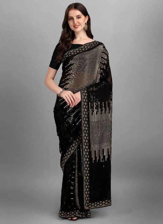 Vegaa Fashion Gold Heavy Georgette Sequence Embroidery Saree