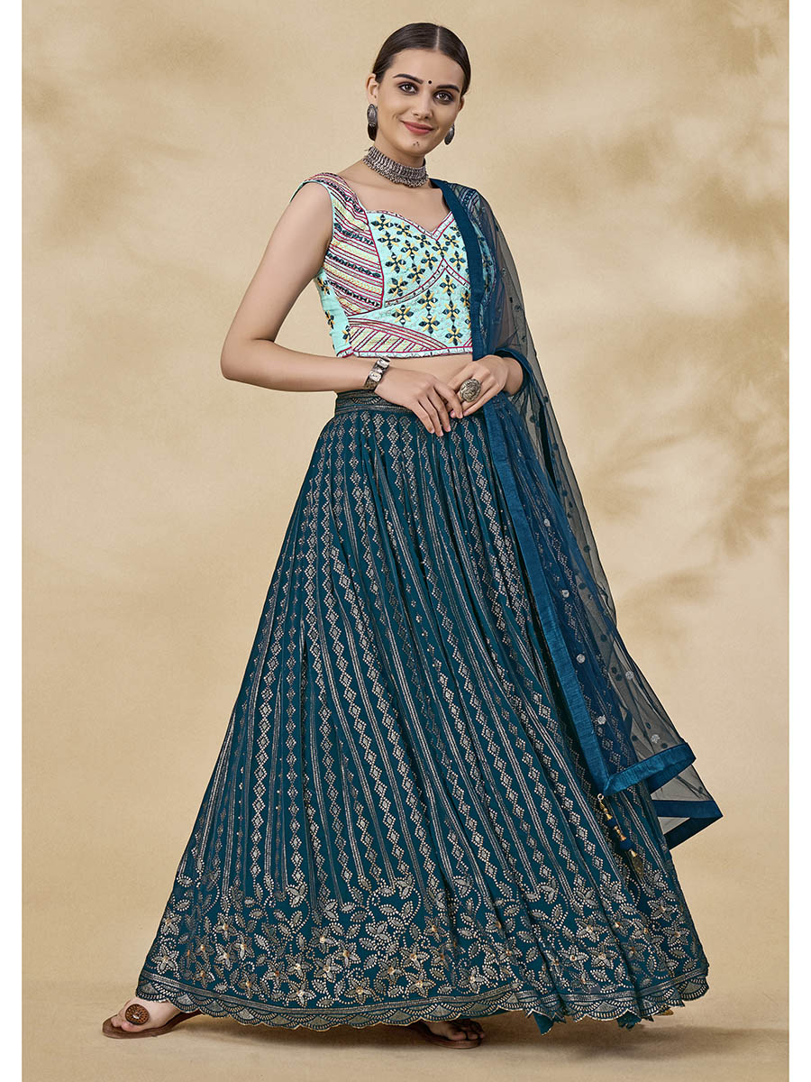 Myra Teal Green Georgette Embroidered Designer Lehenga
