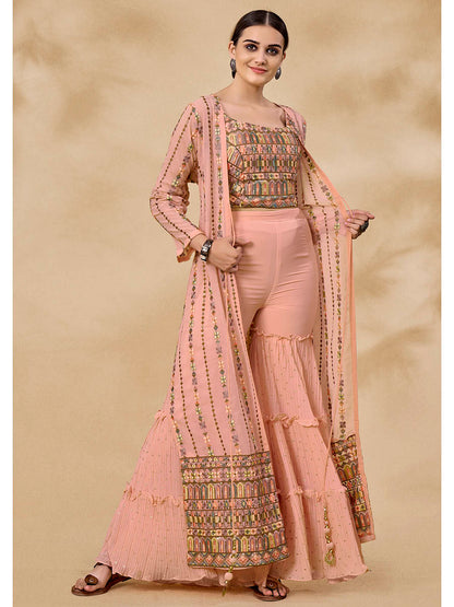 Myra Peach Gorgette Jacket Style Suit