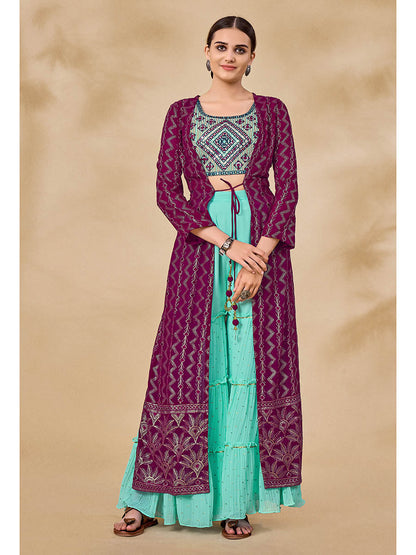 Myra Wine Jacket Style Sharara Suit