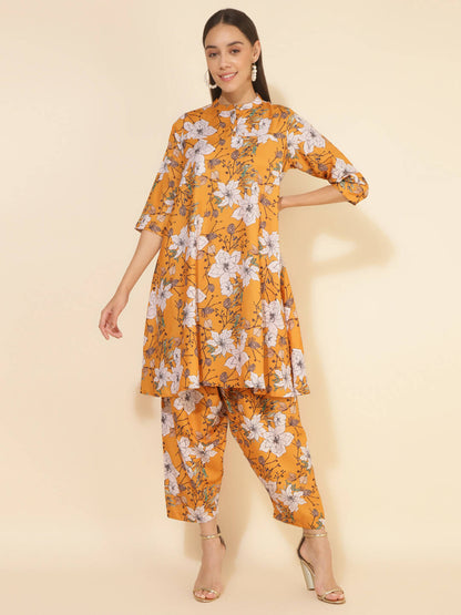 Janasya Women's Mustard Moss Digital Floral Printed Casual A-line Co-ords