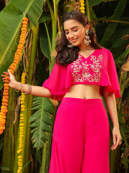 Janasya Pink Georgette Yoke Embroidery Co-Ords