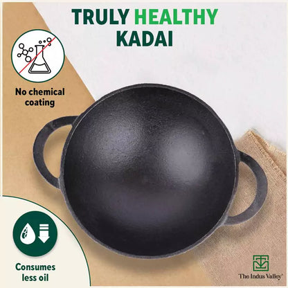 The Indus Valley CASTrong Cast Iron Kadai, Pre-seasoned, Nonstick, 100% Pure, Toxin-free, Spatula, 25.2cm, 2.2L, 2.37kg