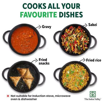 The Indus Valley CASTrong Cast Iron Kadai, Pre-seasoned, Nonstick, 100% Pure, Toxin-free, Spatula, 25.2cm, 2.2L, 2.37kg