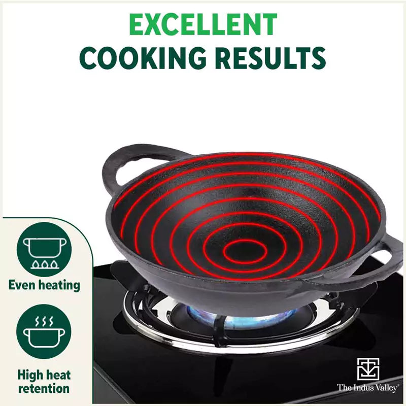 The Indus Valley CASTrong Cast Iron Kadai, Pre-seasoned, Nonstick, 100% Pure, Toxin-free, Spatula, 25.2cm, 2.2L, 2.37kg