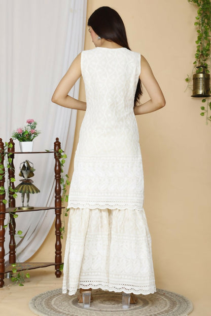 Miravan Women's Beige Embroidered Chikankari Pure Cotton Kurti With Sharara And Dupatta