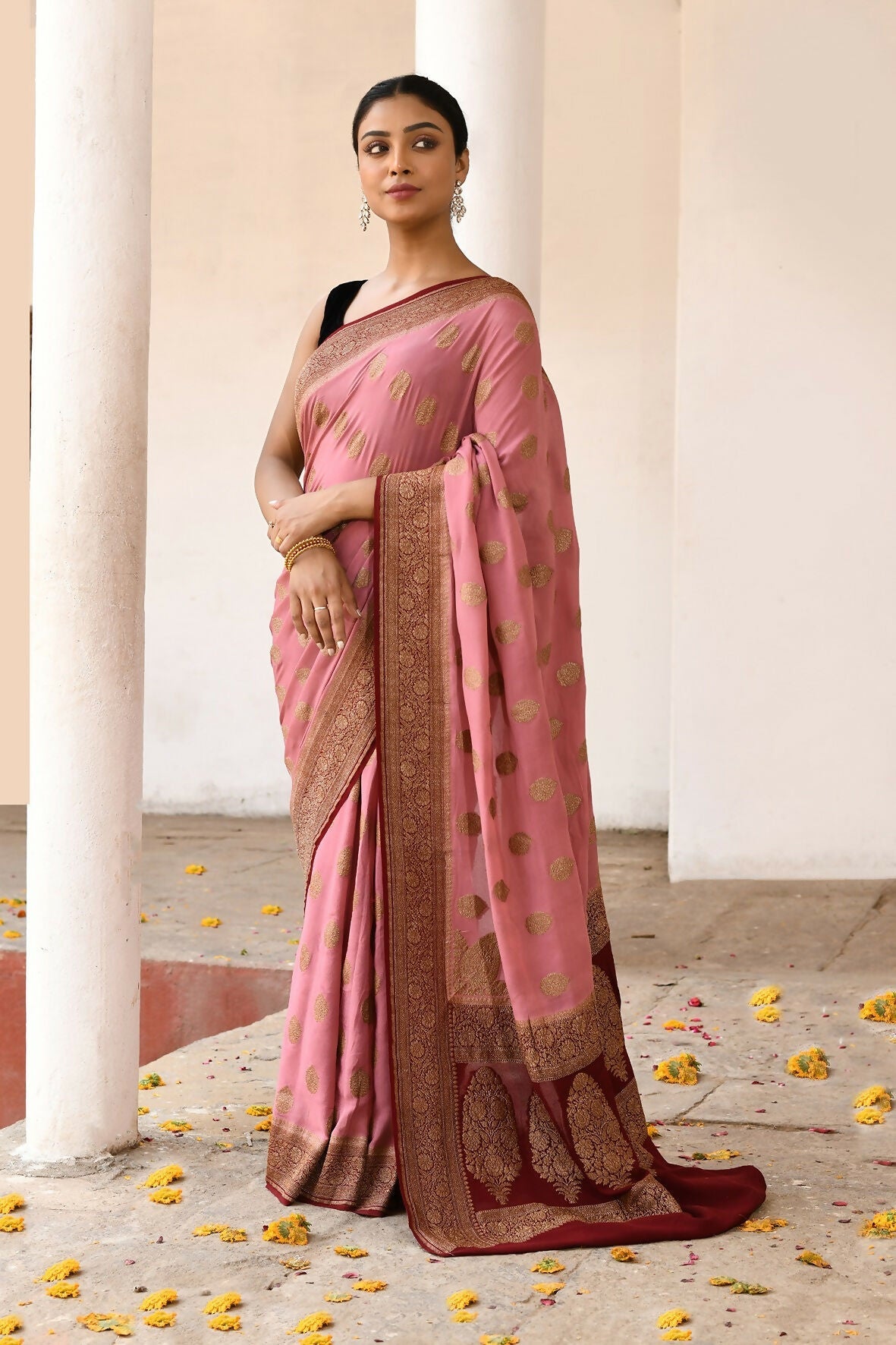 Joban Fashion Nude Pink Crepe Chiffon Pure Handloom Banarasi Silk Saree