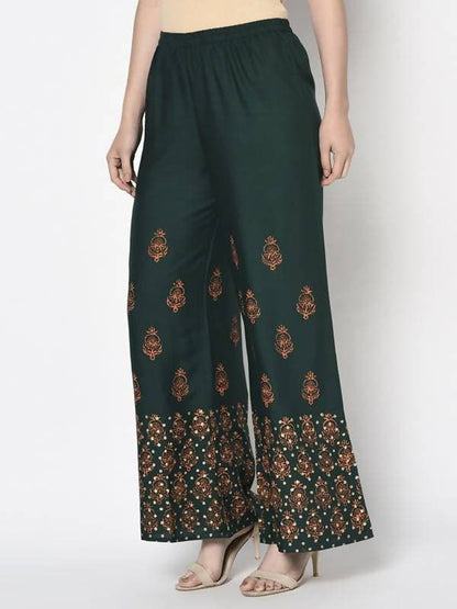 Aniyah Rayon Bottle Green Color Block Print Flared Slip-On Palazzo (AN-219K)