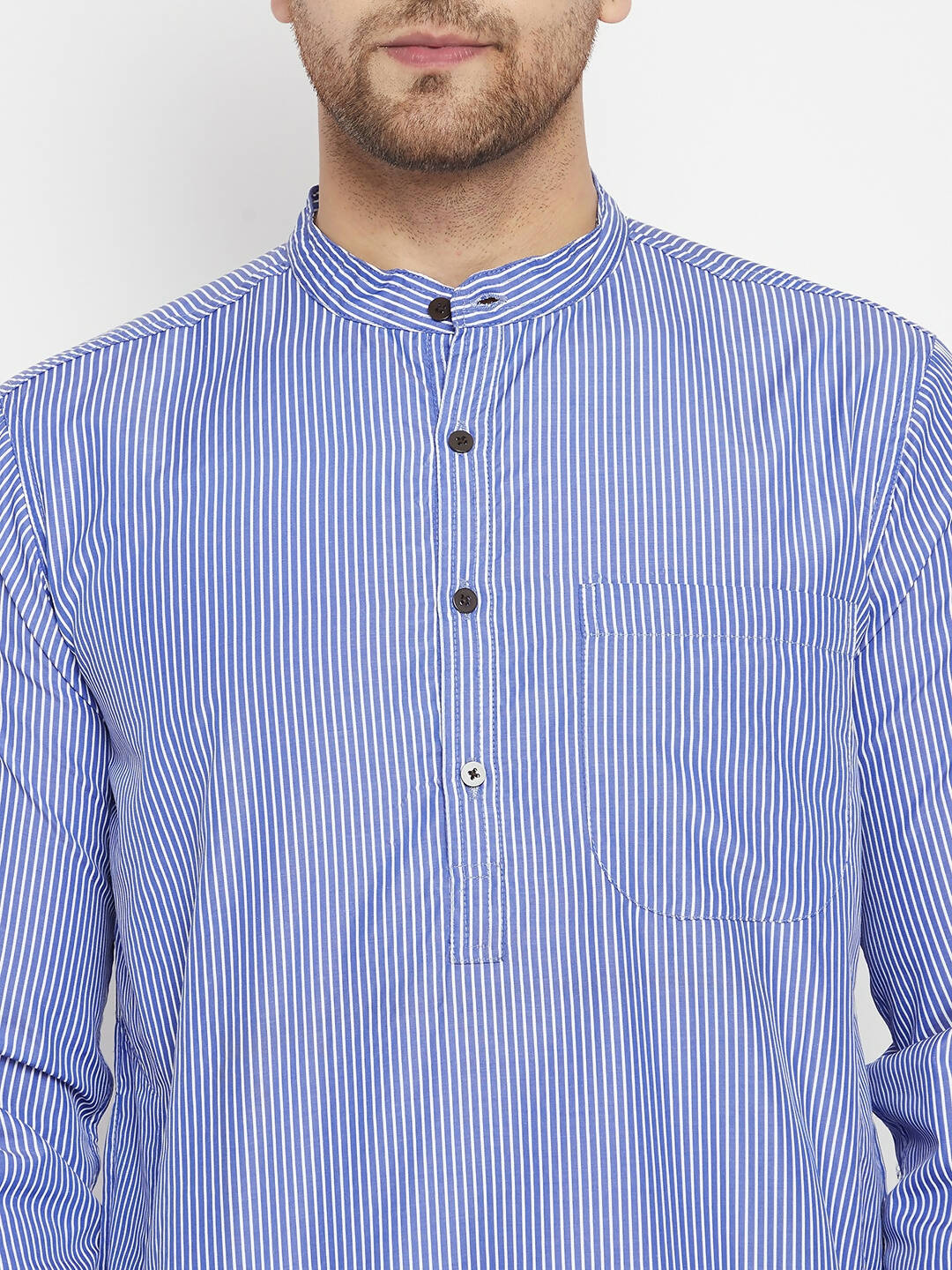 Even Apparels Blue Color Pure Cotton Long Men's Kurta With Band Collar
